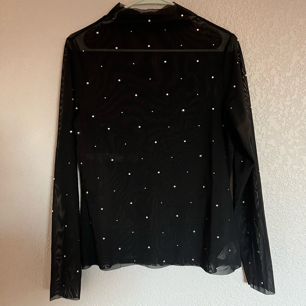 Black mesh, long sleeve shirt with rhinestones
